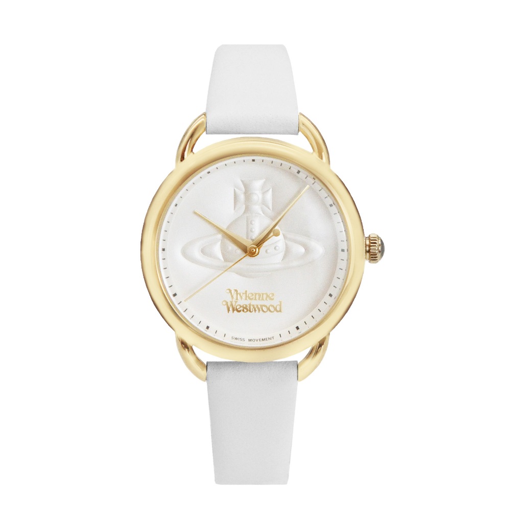 Vivienne Westwood 金框 白面 經典LOGO土星 浮雕錶盤設計 白色皮革錶帶 腕錶 手錶
