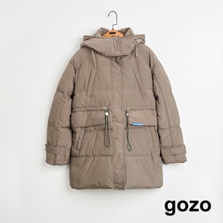 【gozo】➤收腰抽繩長版連帽鋪棉外套(灰色/黑色_F) | 女裝 修身 保暖