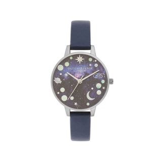 Olivia Burton Celestial 銀殼 繁星錶盤 午夜藍皮革帶腕錶 30MM (OB16GD82)