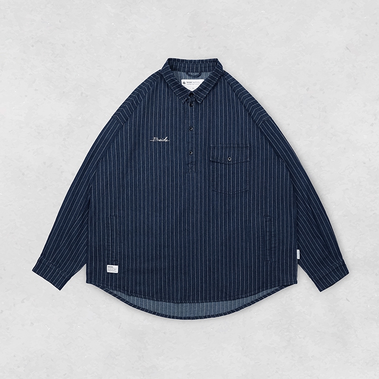 [B-SIDE]DENIM PULLOVER SHIRT復古單寧半開襟直條紋襯衫