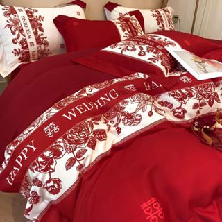 🔥2024年新款🔥大紅色婚慶親膚棉四件組 床包組 保潔墊 結婚必備大紅床包 婚嫁喜被 龍鳳床單 床單組 親膚棉床包 床罩