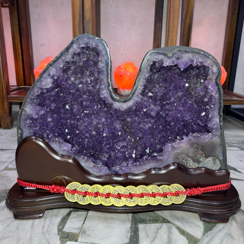 超美水型晶洞🥰頂級巴西 紫水晶洞ESPb+✨23.7kg❤️天然水亮深紫 共生多彩瑪瑙 鈦晶 方解石 紫水晶花 內洞下凹
