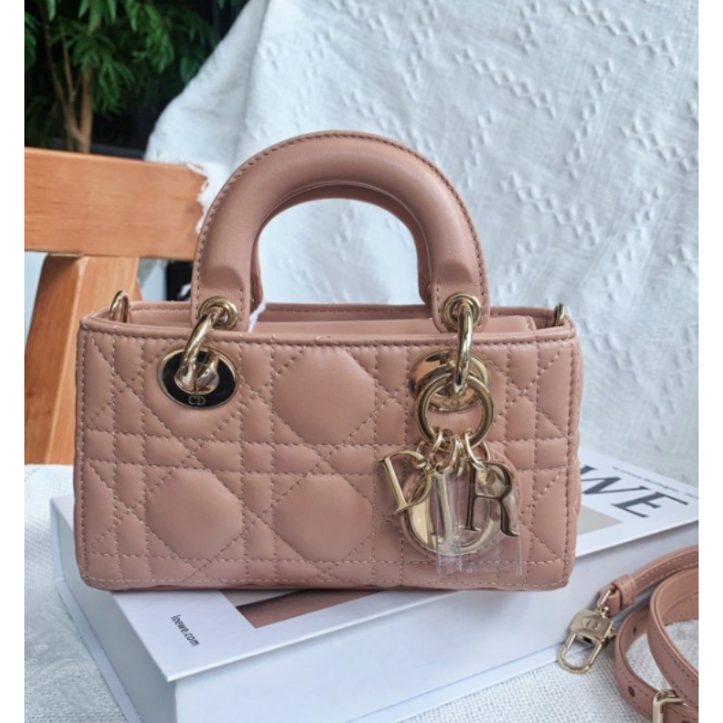 ✈️法國代購✈️ 全新真品 Dior 微型 LADY D-JOY 玫瑰粉 藤格紋 金鏈 黛妃包 斜背包 手提包