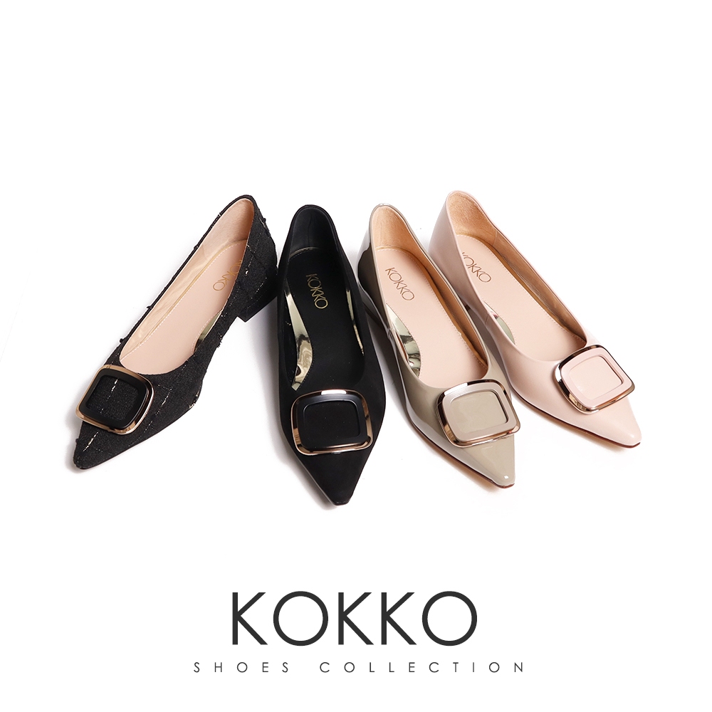 KOKKO異材質方形飾扣典雅尖頭粗跟包鞋