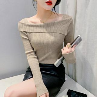 衣時尚 上衣 長袖t卹 針織衫 毛線衣 新款不規則一字領百搭修身針織衫女長袖打底衫時尚上衣發322-9379.