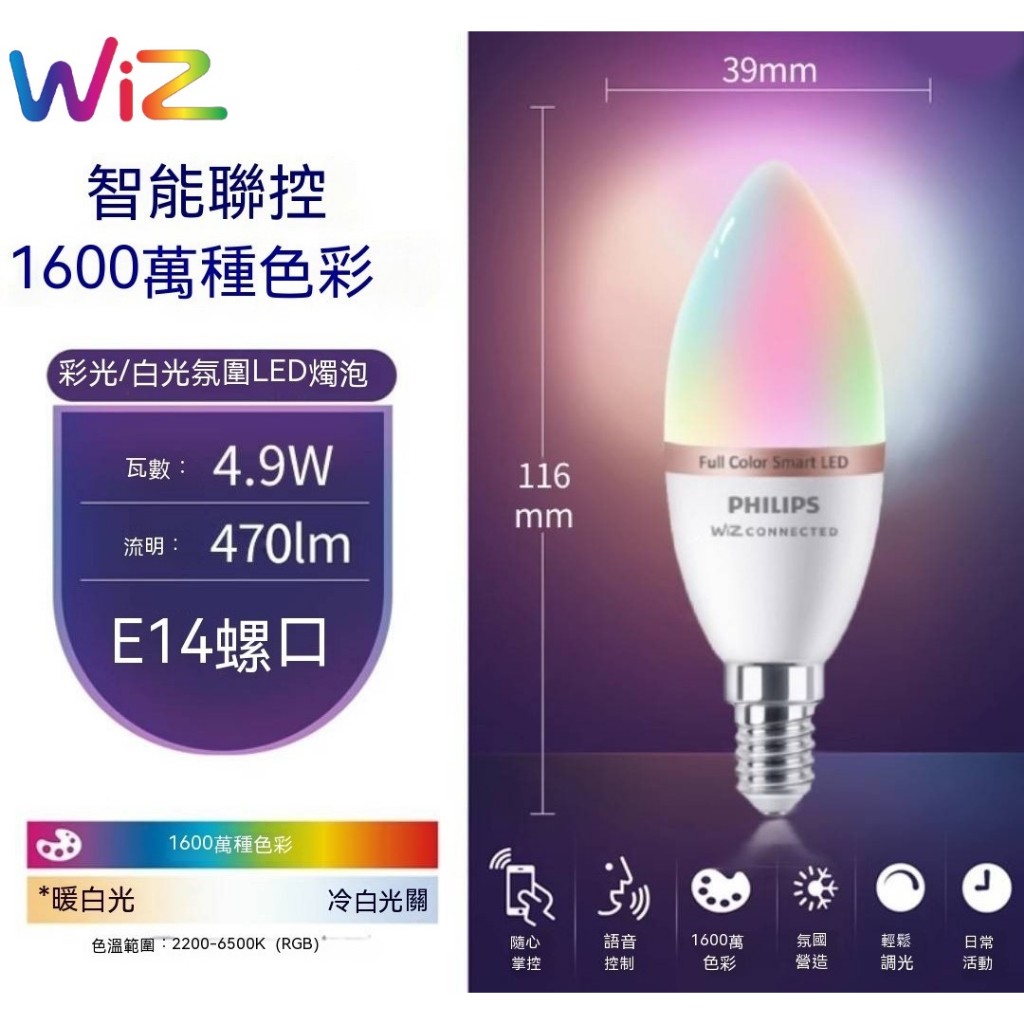 【Philips 飛利浦】Wiz 燈泡 led智慧燈泡 E14 智能球泡 E27 Homekit LED燈泡