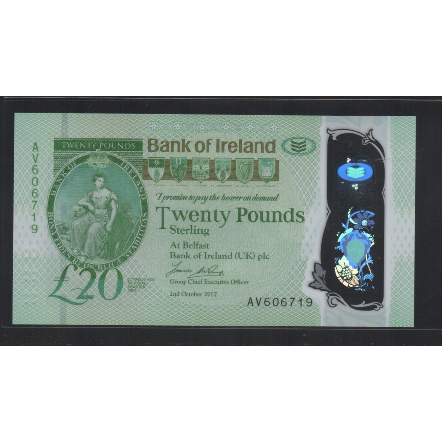 【低價外鈔】北愛爾蘭 2017年 20Pounds 英鎊 塑膠鈔一枚 Bank of Ireland發行 漂亮少見~