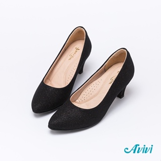 【Avivi】初春質感金蔥中跟鞋-黑色/粉色