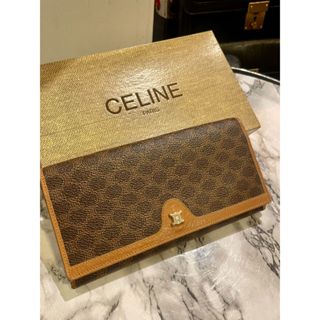 vintage CELINE 古董CELINE monogram 凱旋門Triomphe咖啡色老花對折口金釦長夾