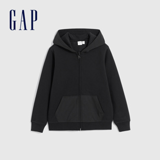 Gap 男童裝 Logo刷毛連帽外套 碳素軟磨系列-黑色(836735)