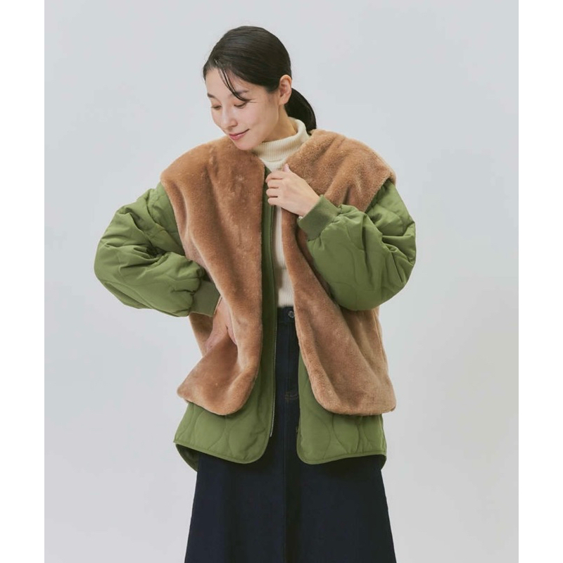 HONEYSUCKLE ROSE日本正品2件式毛毛背心外套 綠色絎縫夾克外套