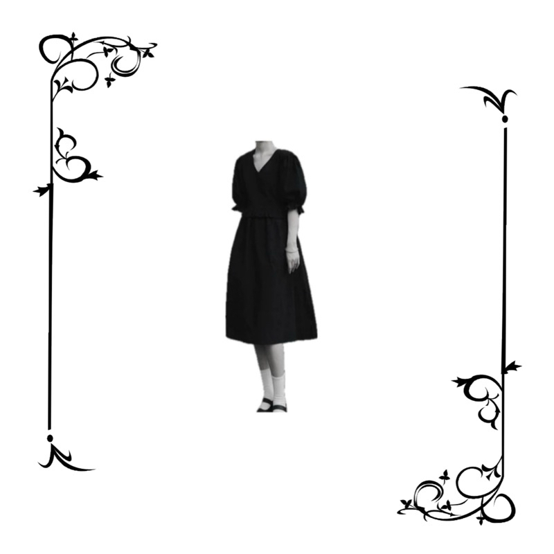 (二手) 然而和風 黑色V領燈籠袖高腰小黑裙