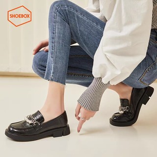 Daphne/達芙妮正品旗下鞋櫃秋新款女鞋 時尚珍珠鍊條裝飾舒適方頭低跟淺口英倫風樂福鞋 全新庫存清倉 挑戰最低價