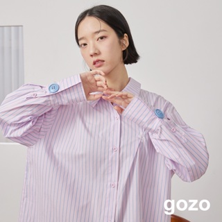 【gozo】gozo抓褶大鈕釦條紋長襯衫(粉色/藍色_F) | 女裝 襯衫領 百搭