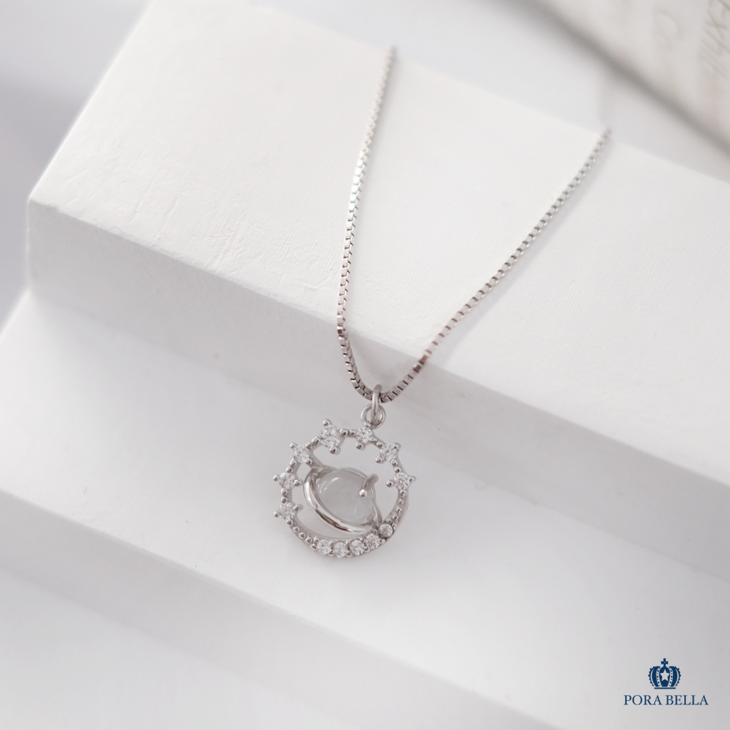 新款925純銀貓眼星球項鍊  鋯石項鍊  宇宙白色月光石項鍊 幾何設計項鍊  Necklace