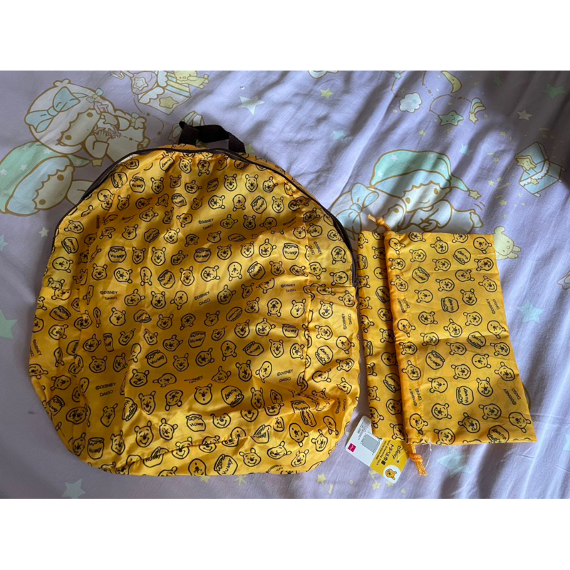 日本 大創 束口袋吊牌未剪 後背包 迪士尼 小熊維尼 Disney  折疊 後背包 輕便 環保背包 黃色