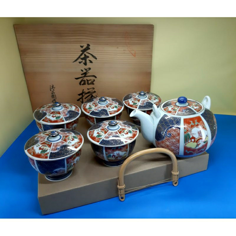 日本古玩古物 早期進口老物件 有田燒 古伊萬里金彩蓋付茶器揃 清兵衛作 一壺五杯套裝組 木盒裝