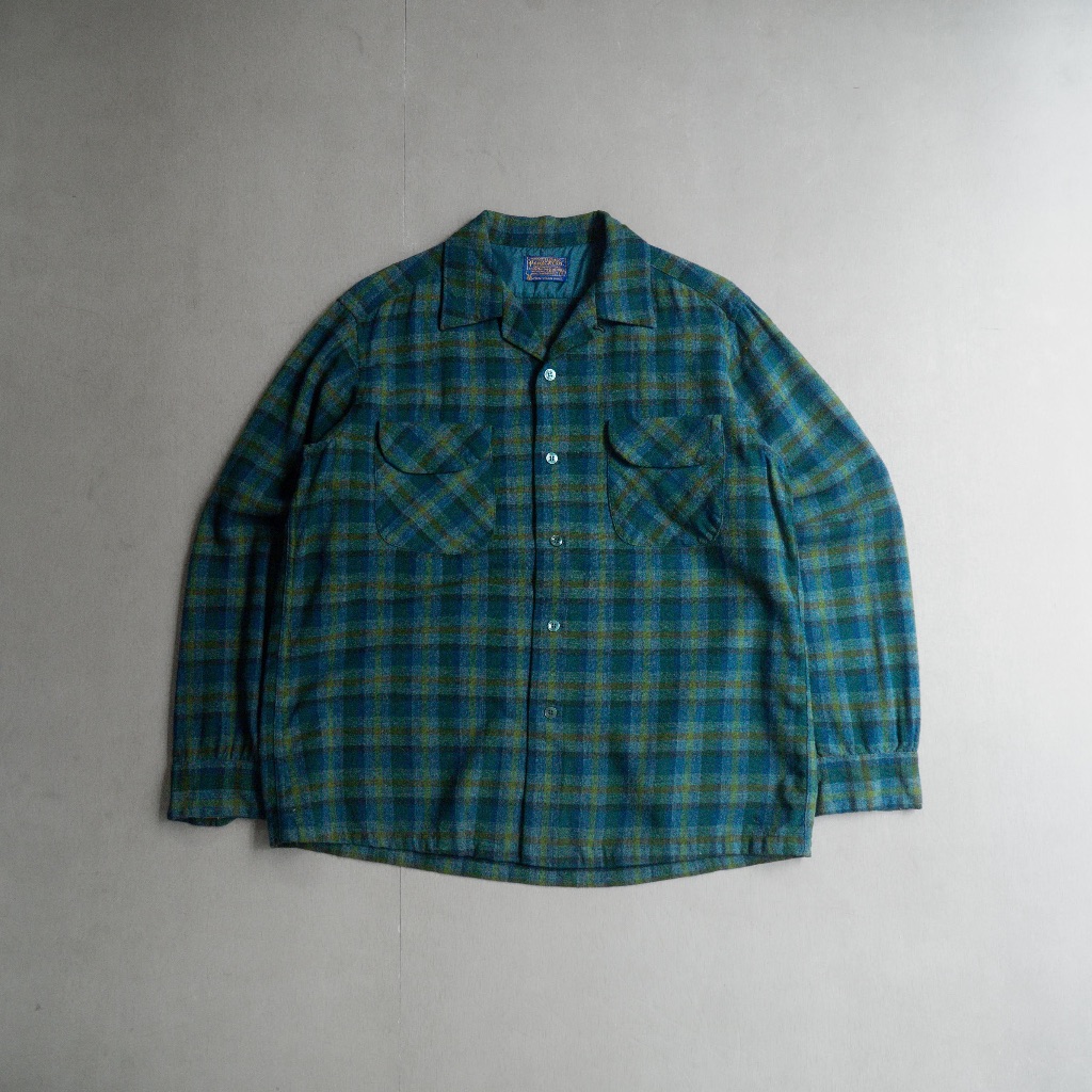 《白木11》 70-80S PENDLETON WOOL BOARD SHIRT 美國製 藍綠 格紋 羊毛 開領 襯衫