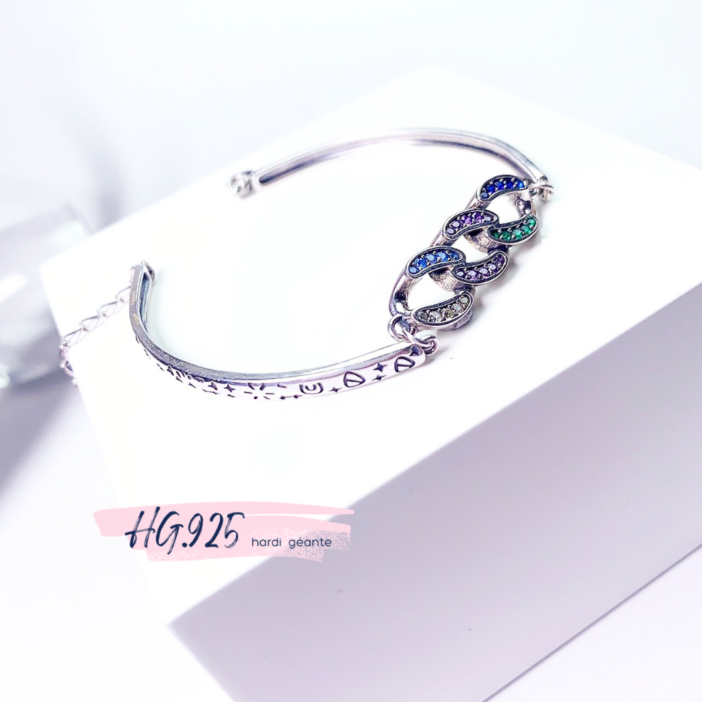 [HG.925] 純銀手鍊 拼接鏈條設計鑲嵌彩色碎鑽手鍊手環 歐美復古風925純銀手環