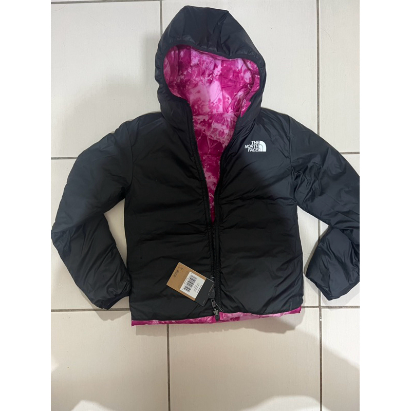 全新（免運）-美國代購店播購入，北臉 The north face-女大童雙面穿粉色潑墨600羽絨外套