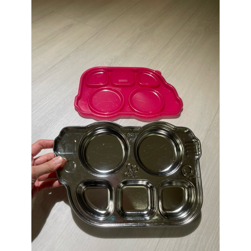 【二手】 Innobaby 不鏽鋼巴士造型餐盤 粉紅色 -不鏽鋼餐盤/學習餐具