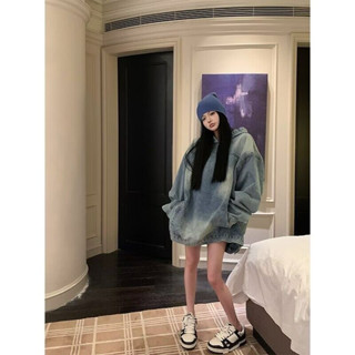 藍色 牛仔 外套 女 春季 復古 辣妹 寬鬆 連帽 上衣 慵懶風 長袖 衛衣 女生衣服 緊身 辣妹 性感 大學t 衛衣