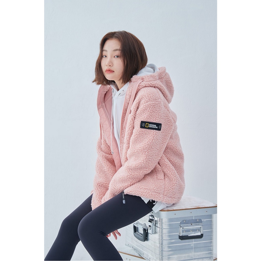 韓國戶外登山品牌 NATIONAL GEOGRAPHIC 過季女款粉色羊毛蓬鬆保暖連帽外套~預購中 下標前請先詢問