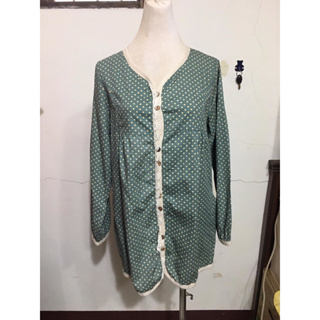 日本品牌RMQY~綠色點點長版亞麻棉質上衣