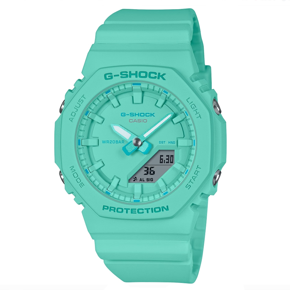 CASIO 卡西歐 G-SHOCK x ITZY 迷你版農家橡樹 纖薄八角形雙顯錶-綠松藍 GMA-P2100-2A