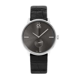 Calvin Klein美國原廠平輸 |ACCENT系列 黑面銀框 獨立小秒針 黑色壓紋皮革錶帶 手錶 腕錶 CK 男錶