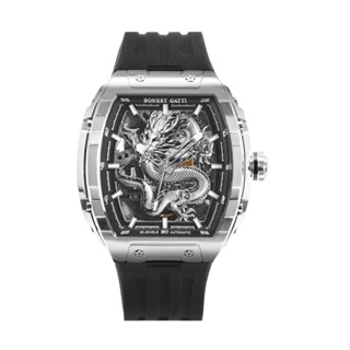 BONEST GATTI布加迪 生肖款 龍年銀 酒桶造型 黑色氟橡膠錶帶 自動上鍊機械腕錶