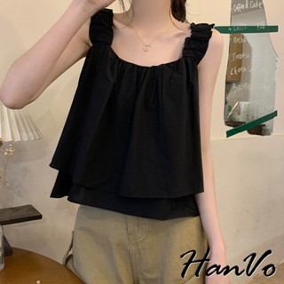 【HanVo】法式別緻雙層澎澎背心 寬鬆舒適質感短版上衣 韓系穿搭 女生衣著 A01-0172