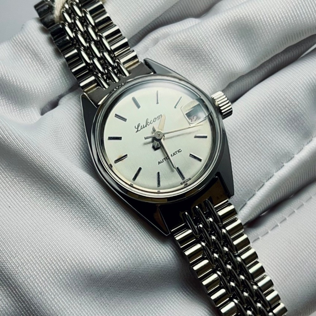全新 絕美 Lukcom 綠琴錶 瑞士 SWISS 自動錶 早期老錶 古董錶 男錶 手錶 銀色 復古 簡約