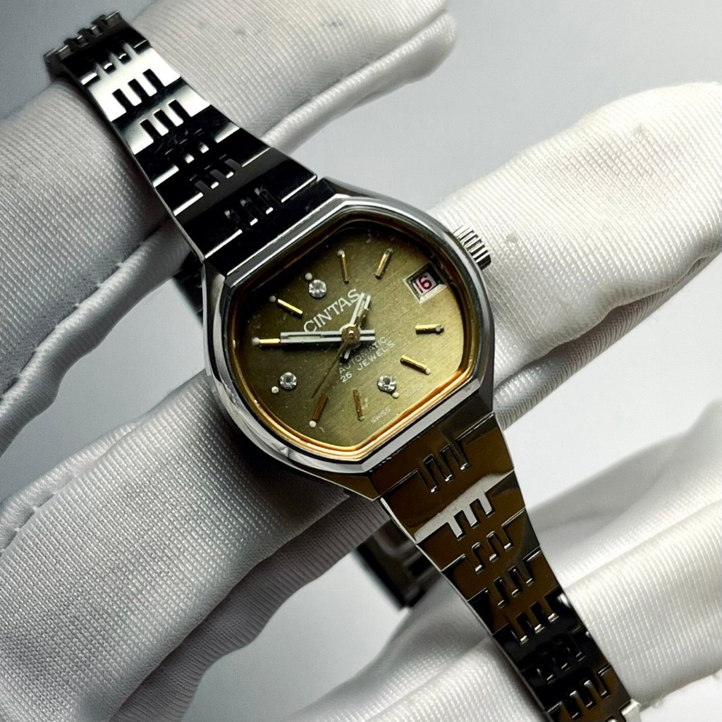 全新 微瑕 CINTAS 仙達時 瑞士 SWISS 自動錶 早期老錶 古董錶 仕女錶 手錶 銀色 秋香綠色漸層復古簡約