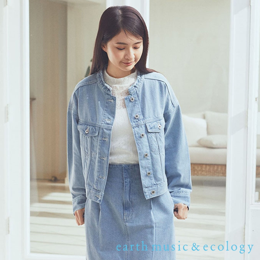 earth music&amp;ecology 抽鬚領落肩中短版牛仔夾克外套(1N41L0Y0100)