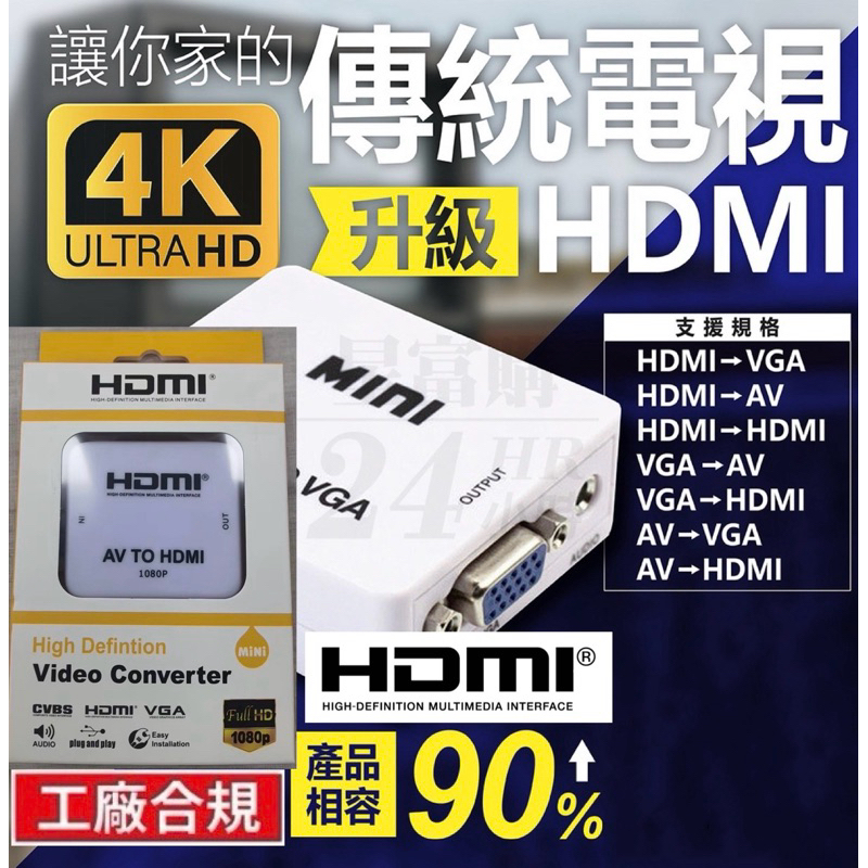 HDMI認證合規 主動增益 AV轉HDMI  HDMI轉AV HDMI轉VGA VGA轉HDMI 視訊轉換盒