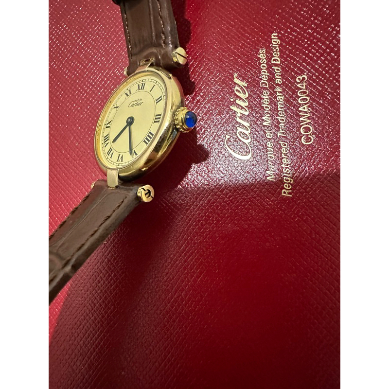CARTIER 極新 絕版 卡地亞 超薄 女用腕錶 錶徑24mm石英機芯 925銀鍍金皮帶穿扣