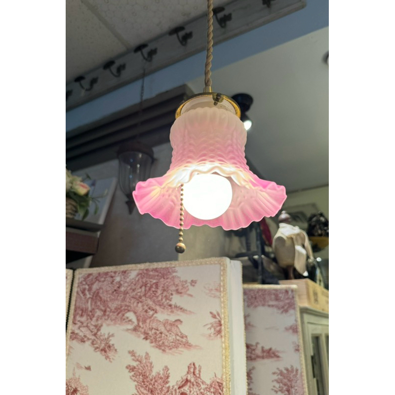 Vintage古董老件 庫存新品手工粉紅燈罩 已經換過全銅材質的燈頭配件和線/吊燈 /花苞燈可接軌道燈