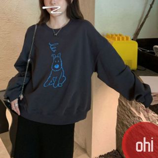 【ohi】小狗卡通印花長袖 休閒寬鬆 百搭上衣 加絨刷毛圓領大學T(GTD215)
