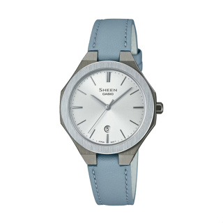 【CASIO SHEEN】現代極簡八角日期皮革腕錶-藍灰款/SHE-4563GYL-7A/台灣總代理公司貨享一年保固