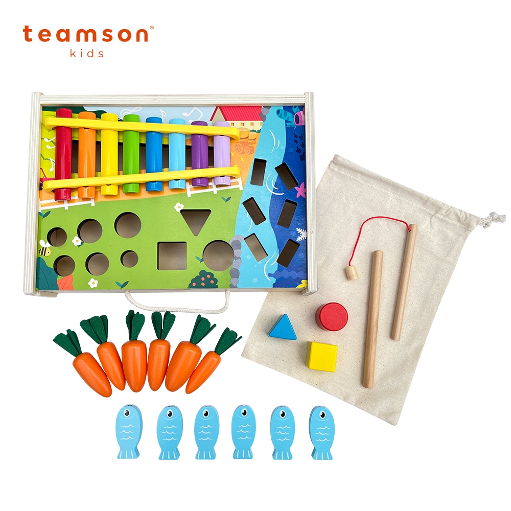 【Teamson】木製釣魚四合一玩具盒組(釣魚、採蘿蔔、鐵琴、積木四合一組)-活動賣場