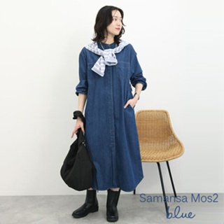 samansa mos2 blue eco denim 環保素材雙口袋圓領牛仔襯衫洋裝(fg41l0h0180)