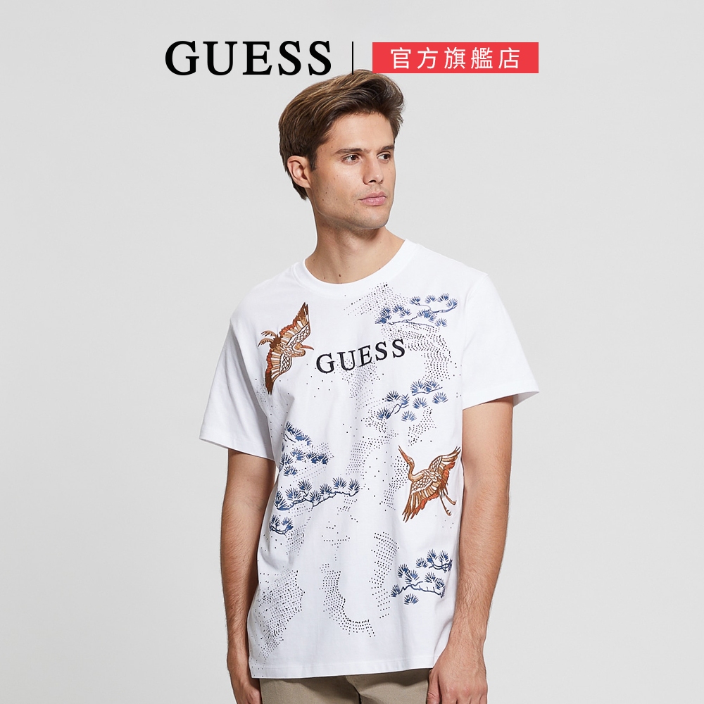 【GUESS】ECO系列 日風林鳥刺繡印花短T-白