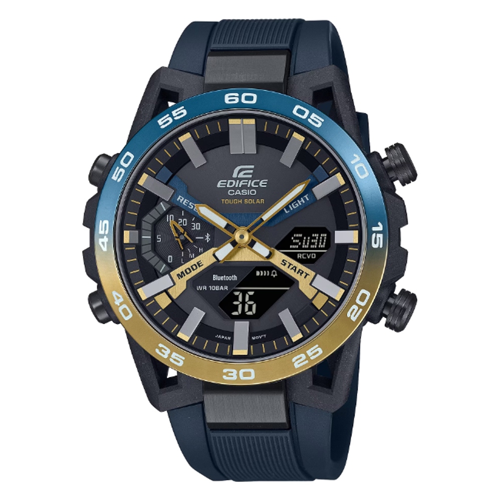 CASIO 卡西歐(ECB-2000NP-1A) EDIFICE 華麗雙色漸層 賽車懸吊 太陽能智慧藍芽雙顯錶-藍金