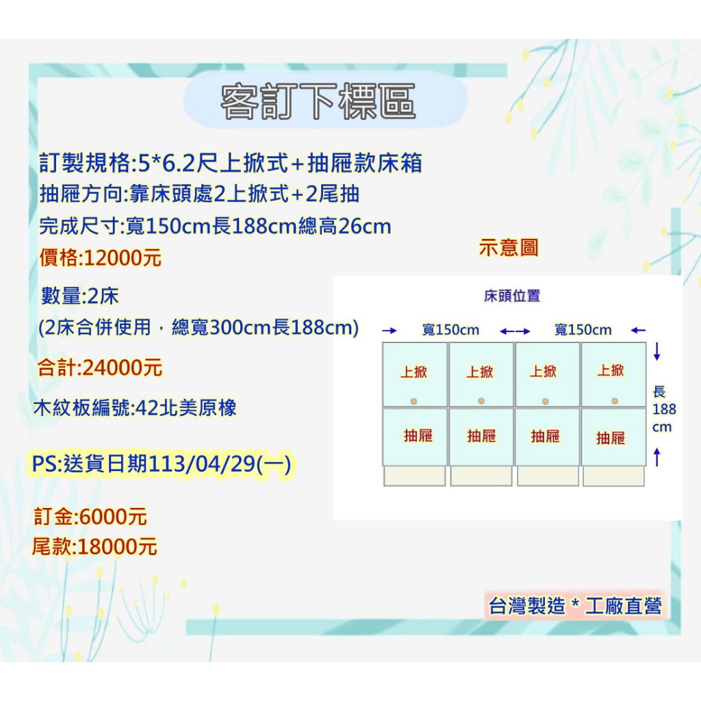 《翰伸傢俱》客製化 5尺靠床頭2上掀式+2尾抽屜款床箱x2座~~客訂下標區~~