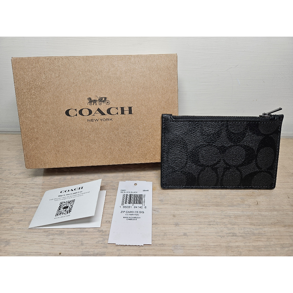 【全新未使用】COACH 經典logo滿版卡片零錢包 防刮PVC皮革 卡片夾 名片夾 零錢包 C4281 黑色(現貨)