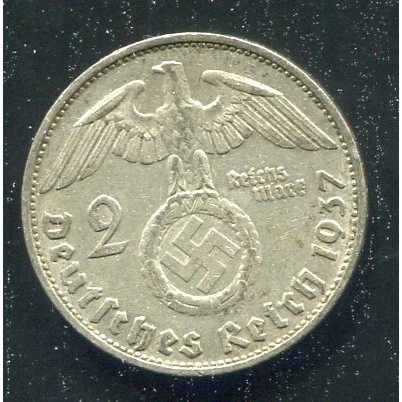 【銀幣】Germany(德國納粹), 2 Marks , K93 , 1937G #208182 品相極美XF