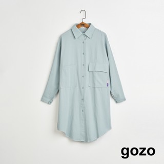 【gozo】➤大口袋長袖襯衫洋裝(淺藍/淺卡其_F) | 女裝 修身 休閒