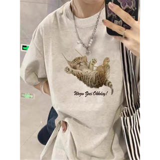 【鹿向南】慵懶感休閒穿搭!t恤 短袖上衣 貓咪印花 休閒上衣 oversize t恤女生 美式t 美式復古短袖 學院風