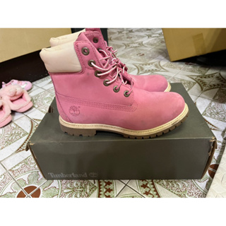 Timberland粉紅色真皮絨面厚領女靴休閒鞋